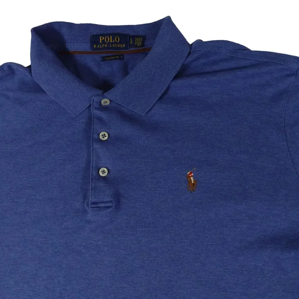 Ralph Lauren Flesh Pony Long Sleeve Blue Polo Shirt Men's Classic Fit Large